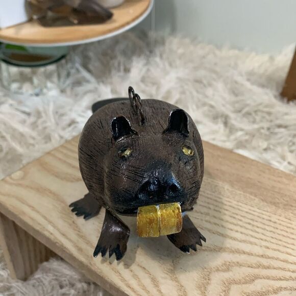 Handcrafted & Hand Painted Folk Art Wood & Metal Beaver Spearing Decoy - Picture 1 of 17